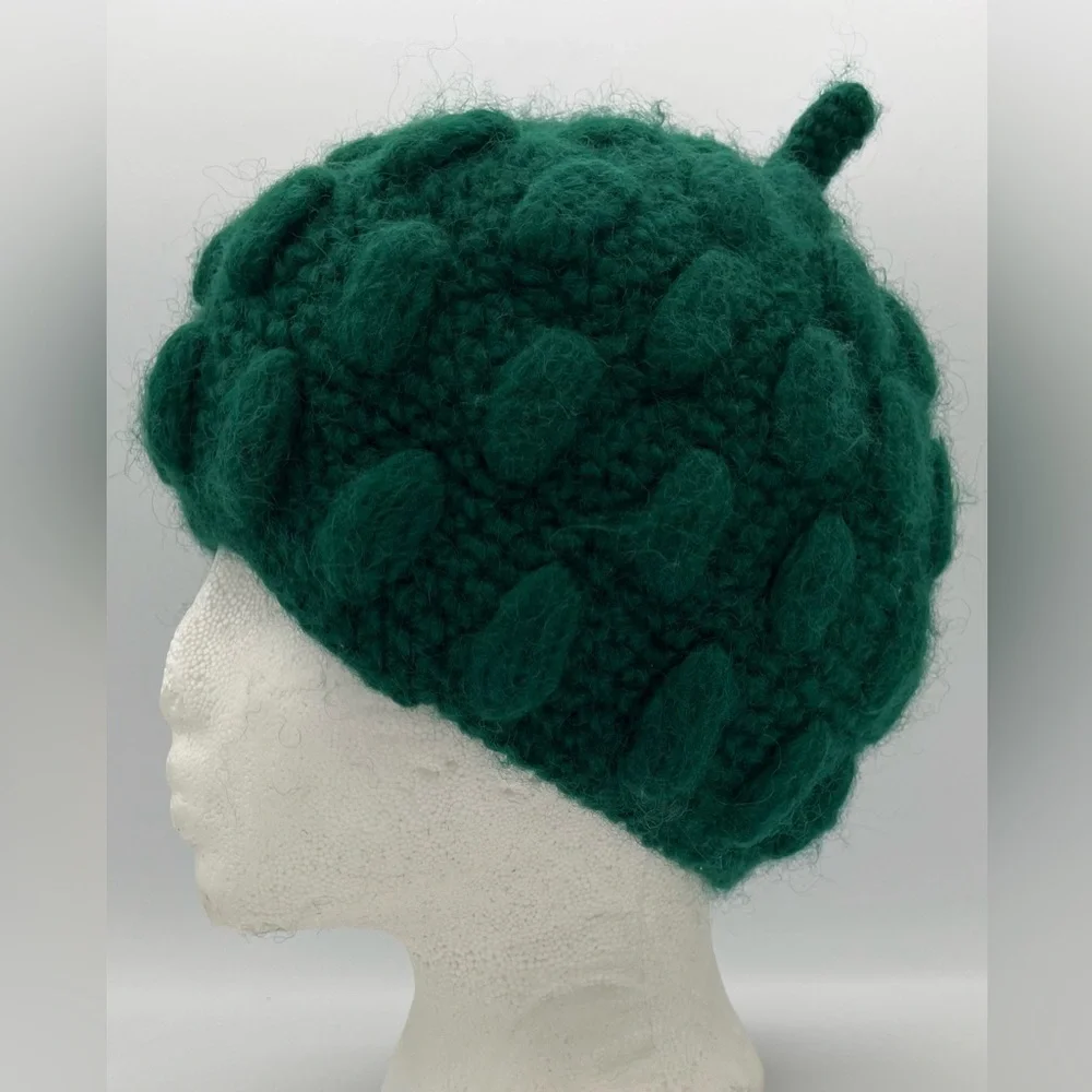 Vintage Italian Wool Green Chunky Knit Winter Fall Beanie Hat Cottagecore Knobby - Picture 7 of 15